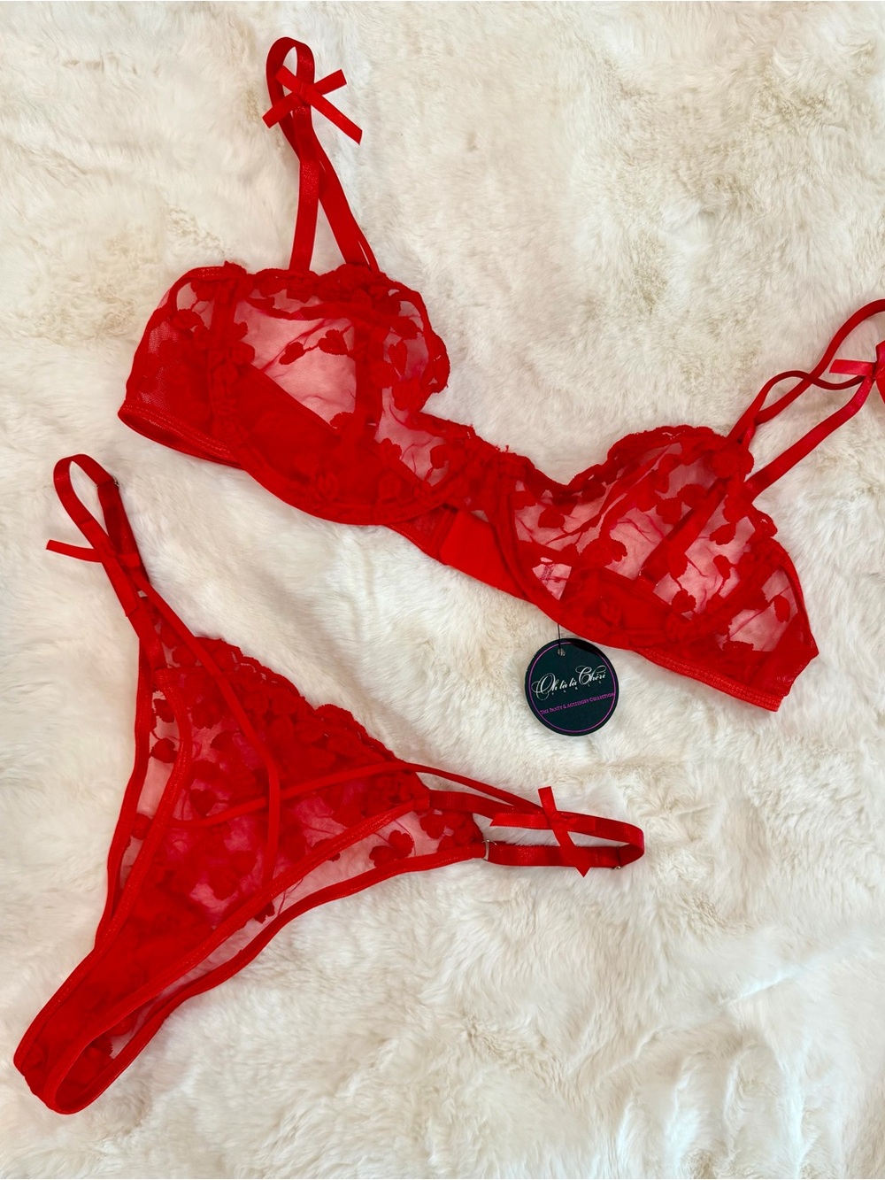 Amazon Red Sheer Lace Bra and Strappy Thong Set